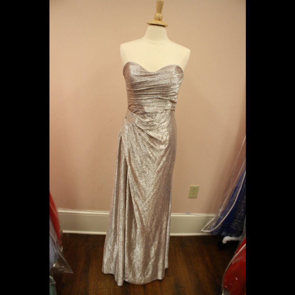 Hayley Paige Occasions #52260 Dusty Rose/Silver Liquid Metal Formal Dress Sz 10